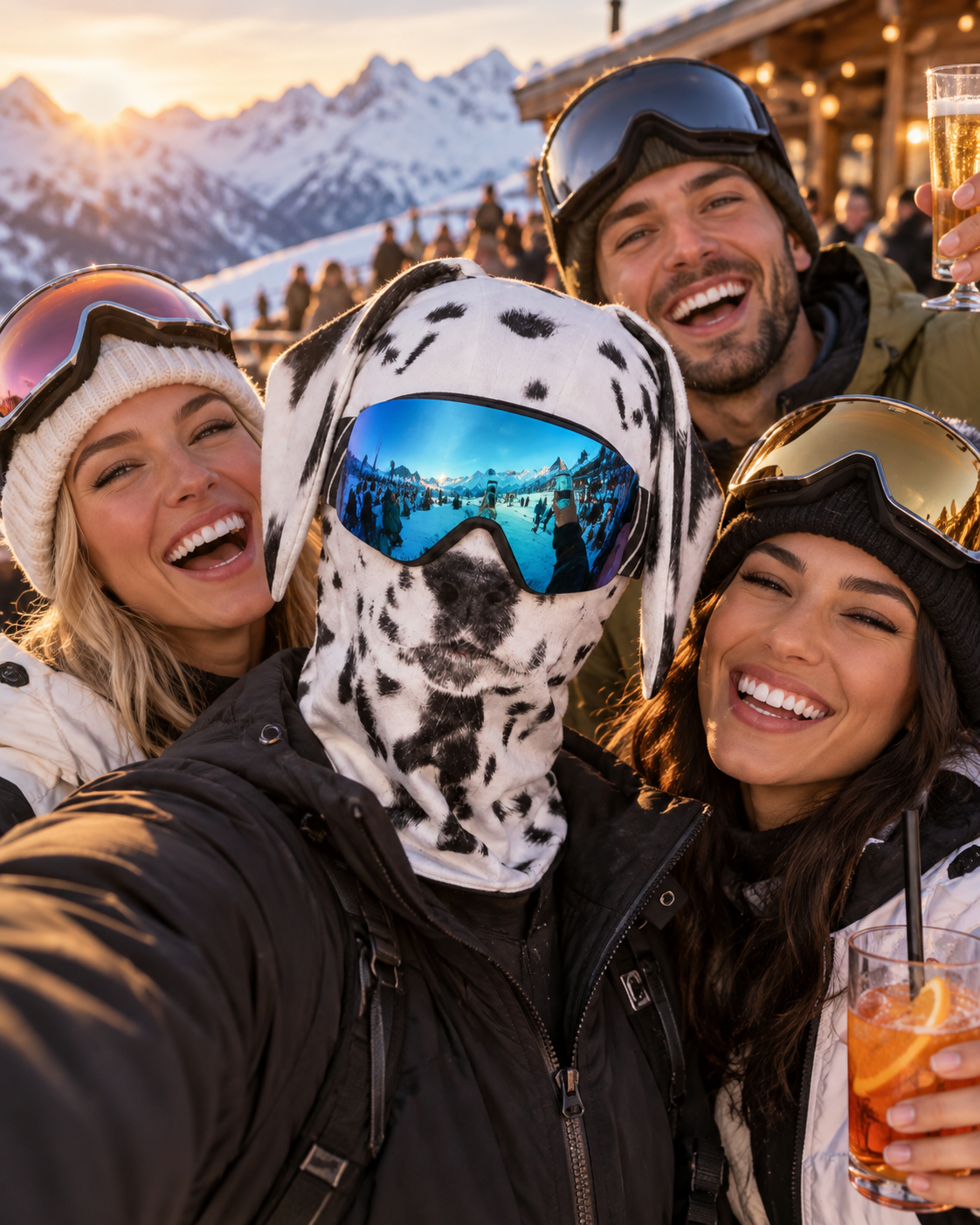 Friends taking a selfie with the Dalmatian Animal Ski Mask