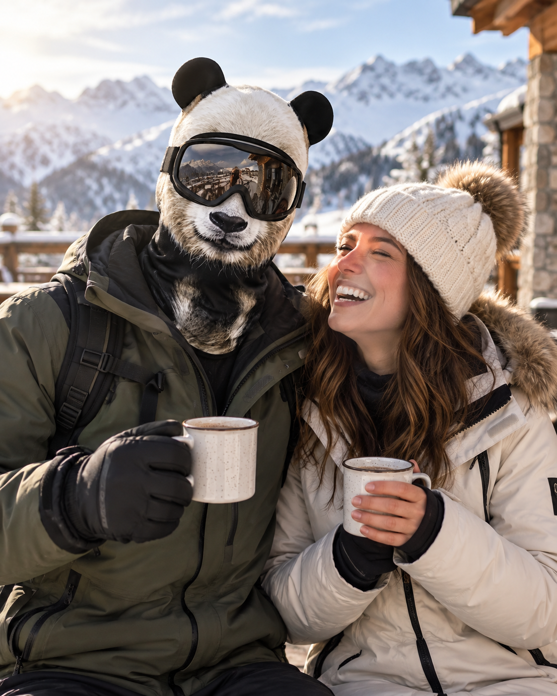 Person wearing the Panda Animal Ski Mask at a mountain lodge